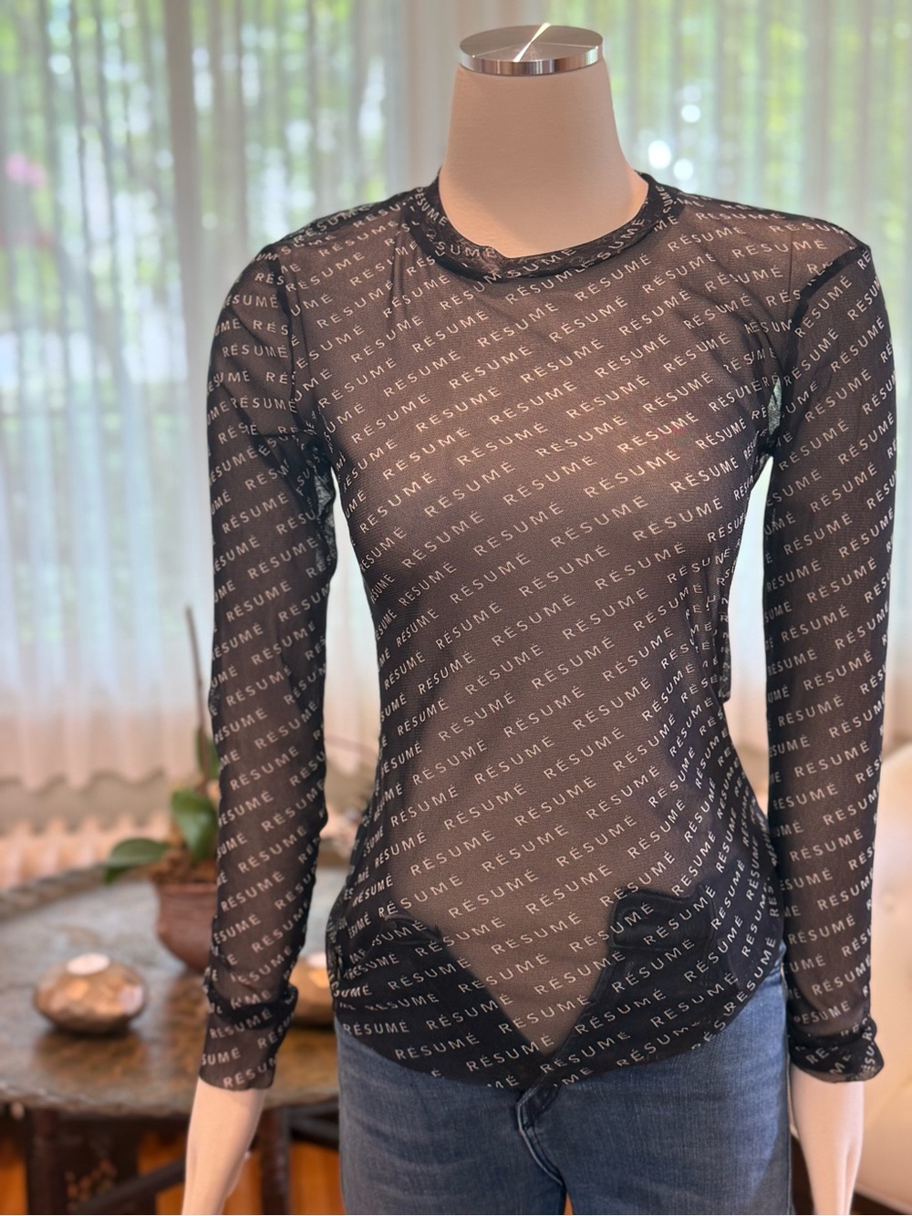 Black Sheer Long-Sleeve Mesh Top